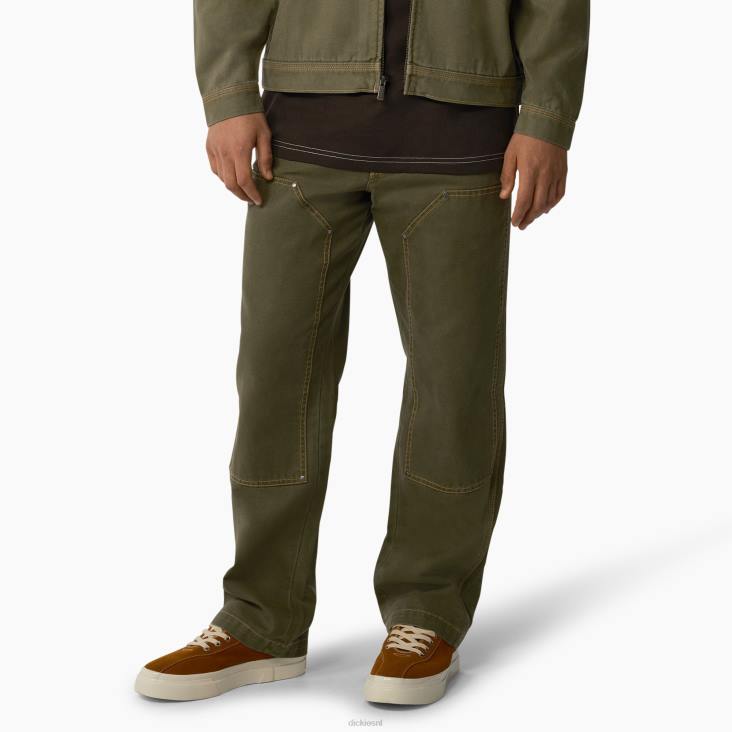 Heren Dickies eend contrasterende dubbele voorbroek stonewashed militair groen (smw) kleding 6F0X247