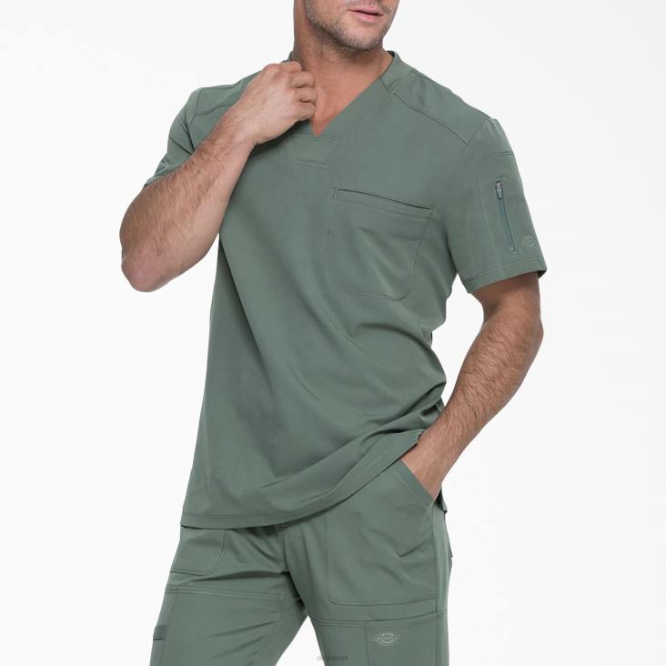 Heren Dickies dynamix scrubtop met v-hals en ritsvak olijfgroen (oli) kleding 6F0X1252