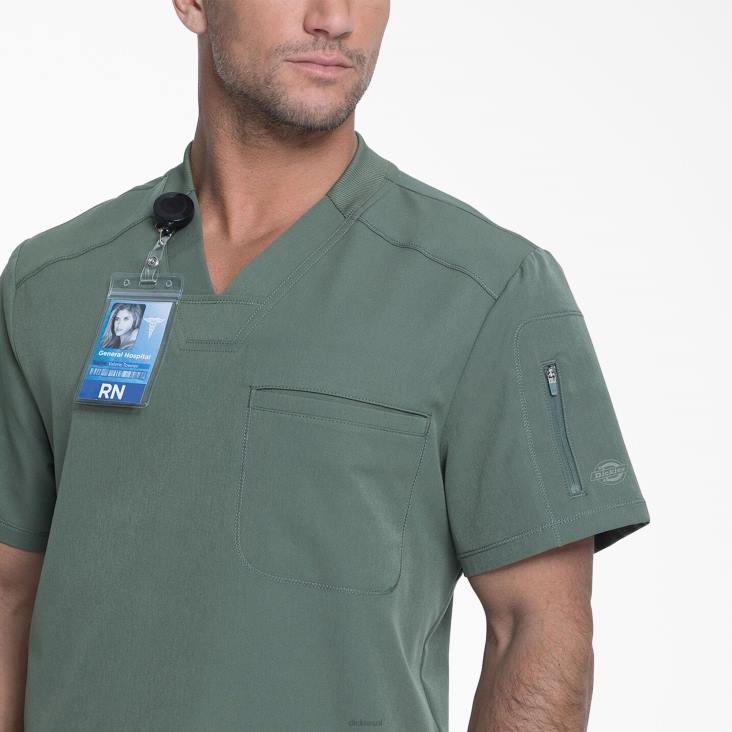 Heren Dickies dynamix scrubtop met v-hals en ritsvak olijfgroen (oli) kleding 6F0X1252
