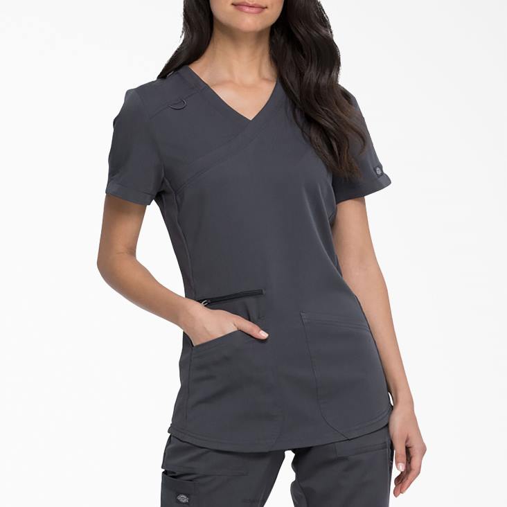 vrouwen Dickies balans mock wrap scrub top tin grijs (bank) kleding 6F0X2541