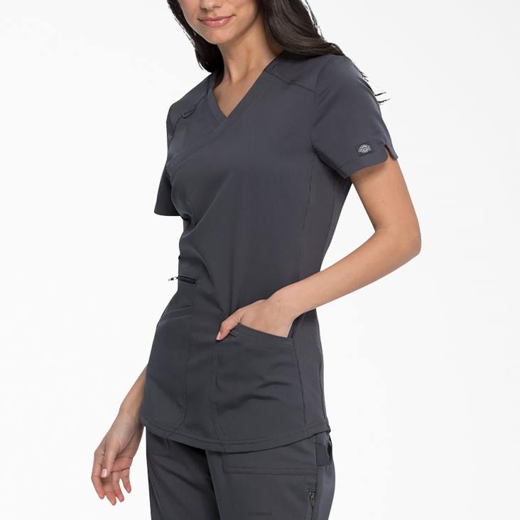 vrouwen Dickies balans mock wrap scrub top tin grijs (bank) kleding 6F0X2541