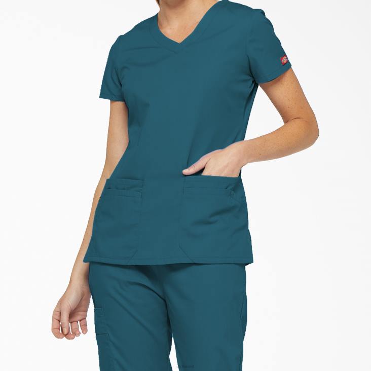 vrouwen Dickies eds kenmerkende scrubtop met v-hals en pennenvak caribisch blauw (crb) kleding 6F0X2409