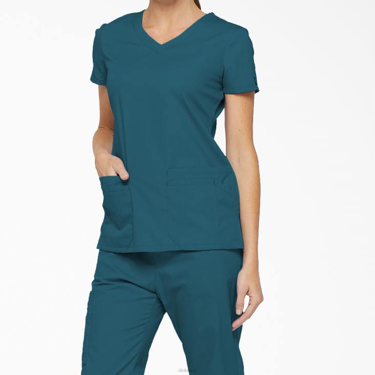 vrouwen Dickies eds kenmerkende scrubtop met v-hals en pennenvak caribisch blauw (crb) kleding 6F0X2409