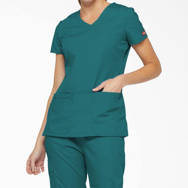 vrouwen Dickies eds kenmerkende scrubtop met v-hals en pennenvak groenblauw (dtl) kleding 6F0X2410