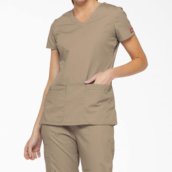 vrouwen Dickies eds kenmerkende scrubtop met v-hals en pennenvak kaki (kha) kleding 6F0X2417