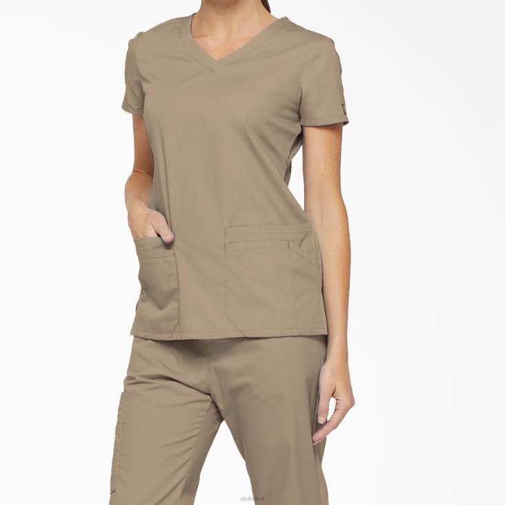 vrouwen Dickies eds kenmerkende scrubtop met v-hals en pennenvak kaki (kha) kleding 6F0X2417