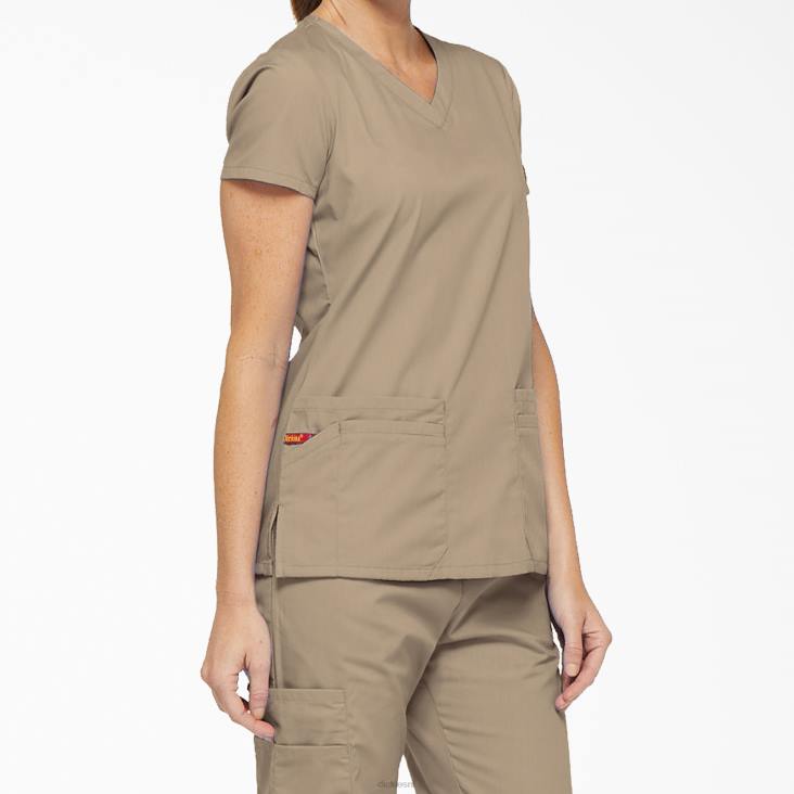 vrouwen Dickies eds kenmerkende scrubtop met v-hals en pennenvak kaki (kha) kleding 6F0X2417