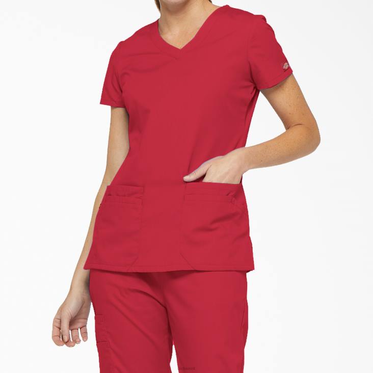 vrouwen Dickies eds kenmerkende scrubtop met v-hals en pennenvak rood (rd) kleding 6F0X2421