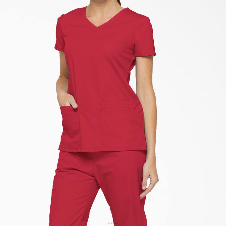 vrouwen Dickies eds kenmerkende scrubtop met v-hals en pennenvak rood (rd) kleding 6F0X2421
