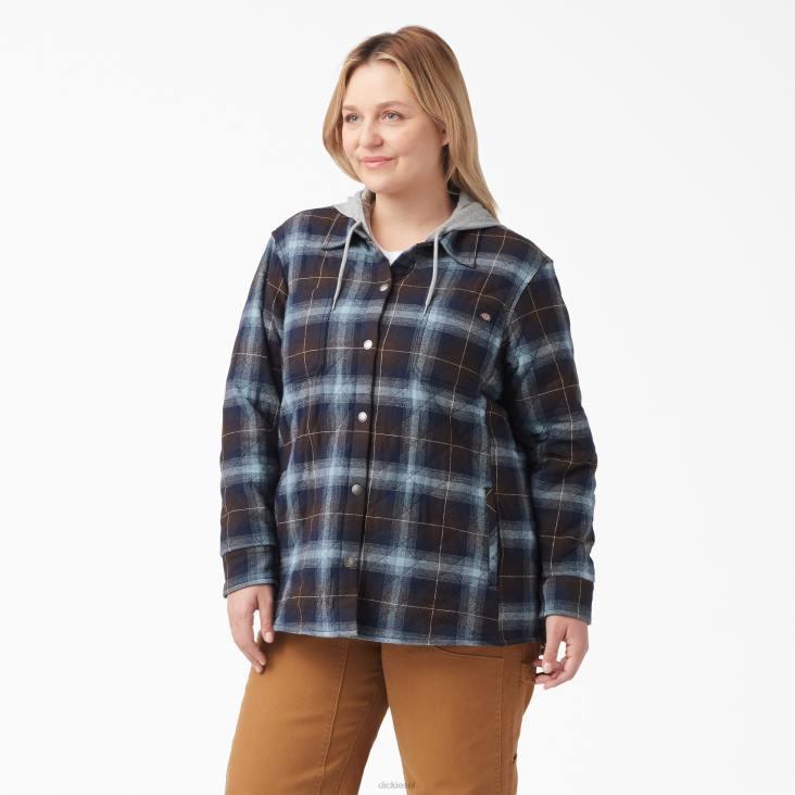 vrouwen Dickies plus flanellen overhemdjack met capuchon helder blauw/bruin ombre plaid (a1g) kleding 6F0X2322