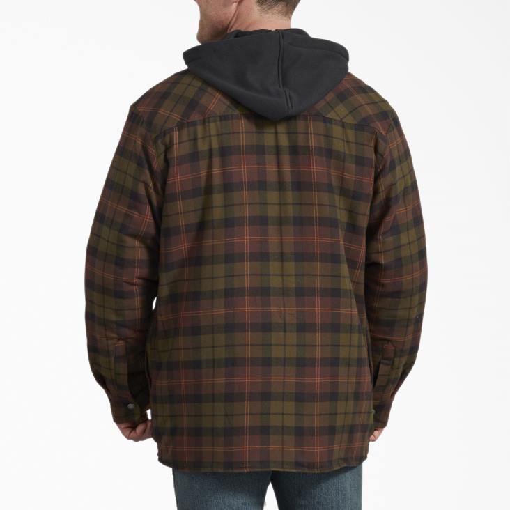 Heren Dickies Relaxed fit icon gewatteerd flanellen hemdjack met capuchon chocolade tactische groene plaid (poc) kleding 6F0X1008