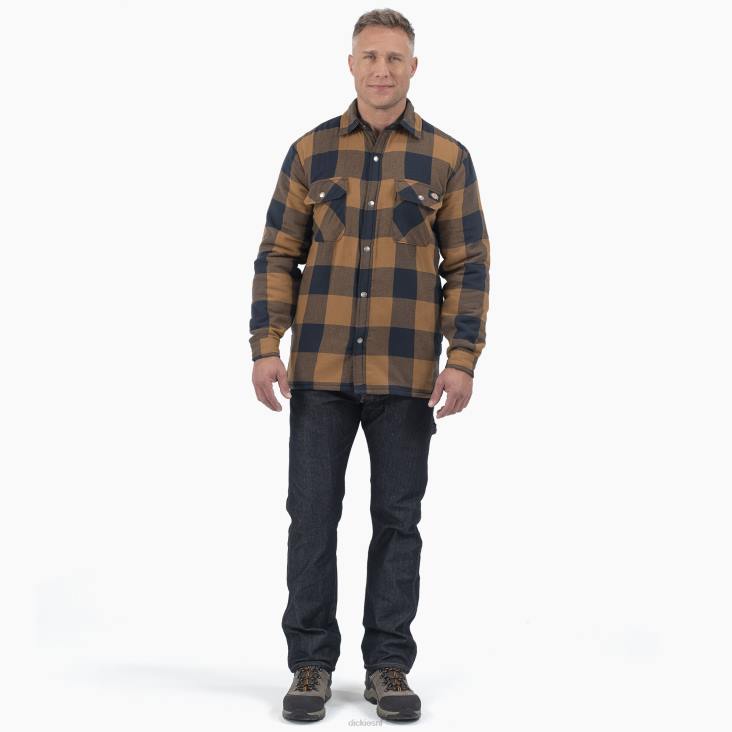 Heren Dickies hoogpolig fleece gevoerd flanellen overhemdjack bruine eend/marine buffel plaid (b1m) kleding 6F0X1077