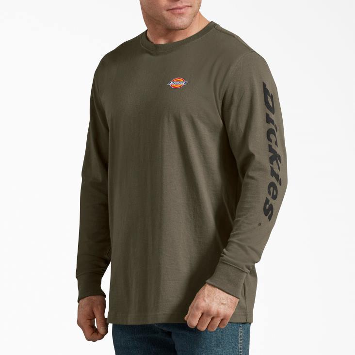 Heren Dickies grafisch T-shirt met lange mouwen militair groen (ml) kleding 6F0X768