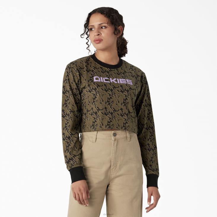 vrouwen Dickies Camo cropped T-shirt met lange mouwen militair groen glitch camo (mpe) kleding 6F0X2188