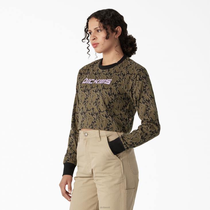 vrouwen Dickies Camo cropped T-shirt met lange mouwen militair groen glitch camo (mpe) kleding 6F0X2188