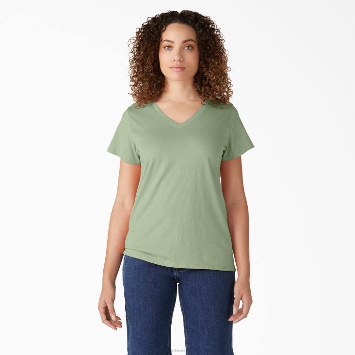 vrouwen Dickies T-shirt met korte mouwen en v-hals celadon groen (c2g) kleding 6F0X2060