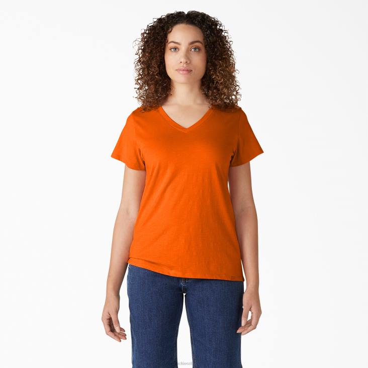 vrouwen Dickies T-shirt met korte mouwen en v-hals scharlaken ibis (s2s) kleding 6F0X2066