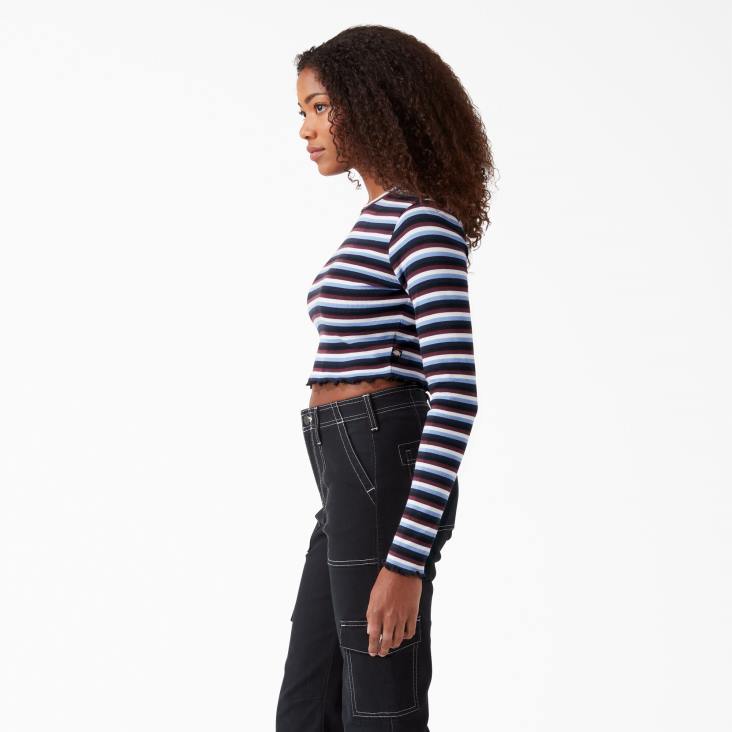 vrouwen Dickies gestreept cropped T-shirt met lange mouwen wijn/jacaranda baby streep (wsj) kleding 6F0X2093