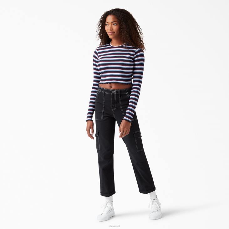 vrouwen Dickies gestreept cropped T-shirt met lange mouwen wijn/jacaranda baby streep (wsj) kleding 6F0X2093