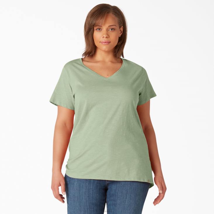vrouwen Dickies plus T-shirt met korte mouwen en v-hals celadon groen (c2g) kleding 6F0X2034