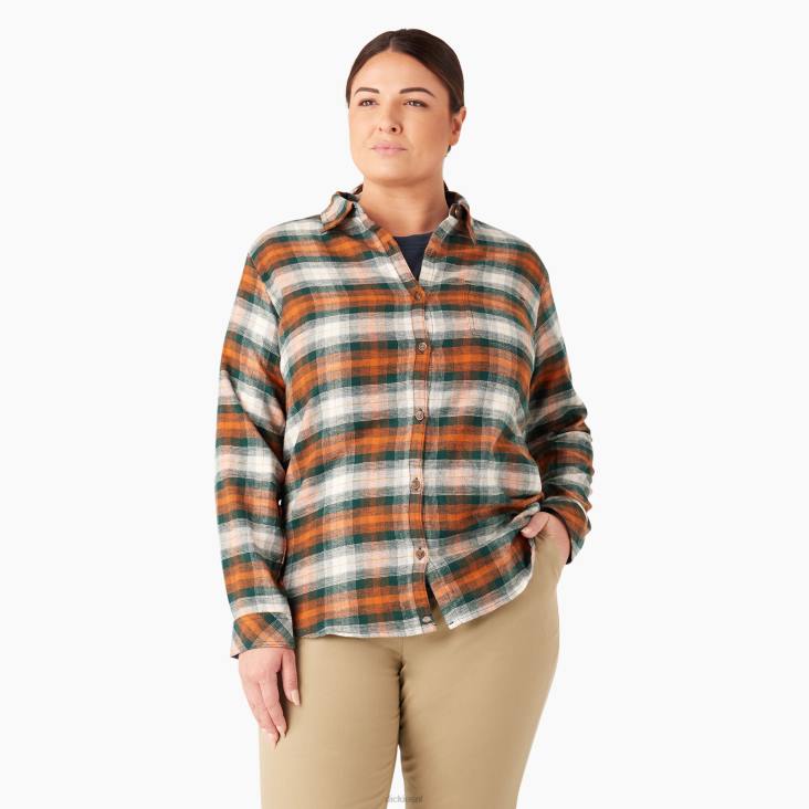 vrouwen Dickies plus geruit flanellen overhemd met lange mouwen bos/koper ombre plaid (c1t) kleding 6F0X2209