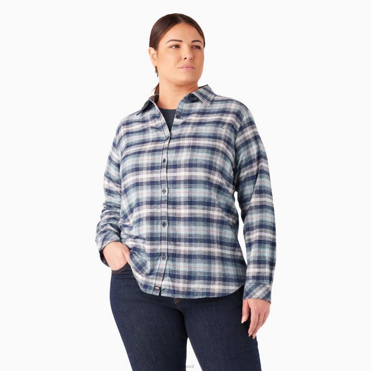 vrouwen Dickies plus geruit flanellen overhemd met lange mouwen helderblauw/navy ombre plaid (c1f) kleding 6F0X2208