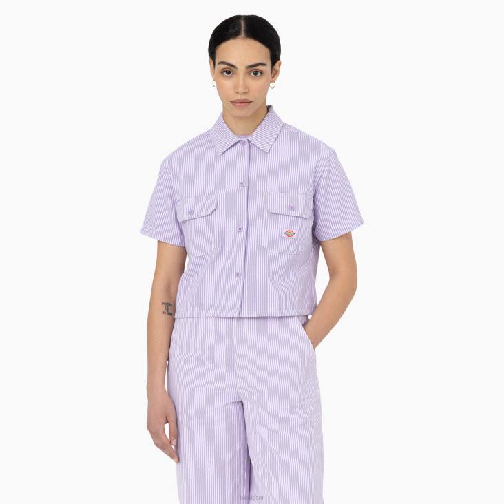 vrouwen Dickies cropped werkoverhemd met hickory strepen ecru/lila (eug) werk kleding 6F0X2023