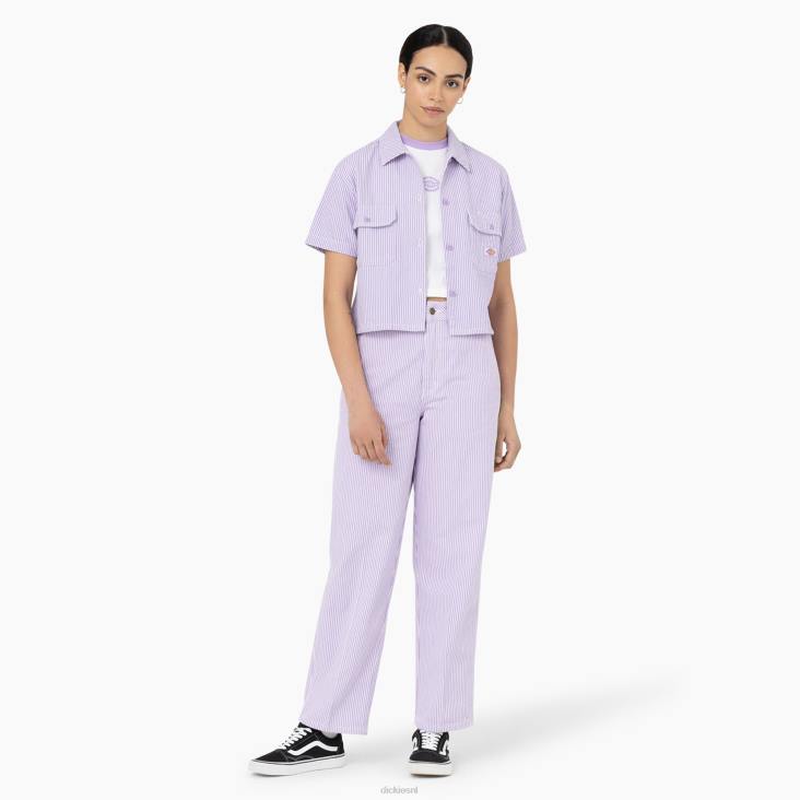 vrouwen Dickies cropped werkoverhemd met hickory strepen ecru/lila (eug) werk kleding 6F0X2023