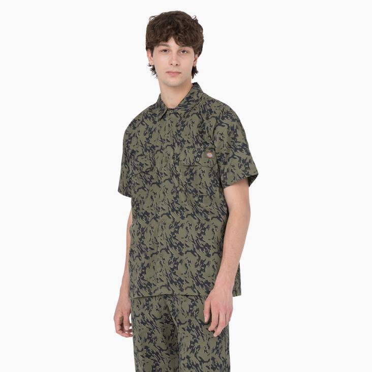 Heren Dickies Dresey camo werkoverhemd met korte mouwen militair groen glitch camo (mpe) werk kleding 6F0X922
