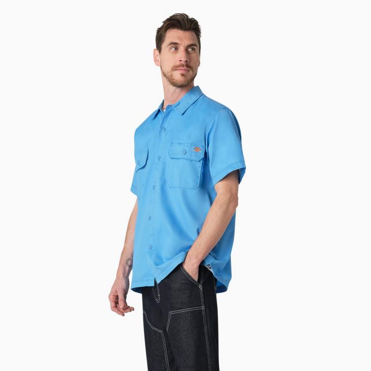 Heren Dickies madras werkoverhemd met korte mouwen azuurblauw (ab2) werk kleding 6F0X760