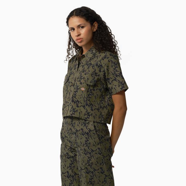 vrouwen Dickies Drewsey camo cropped werkoverhemd militair groen glitch camo (mpe) werk kleding 6F0X2106