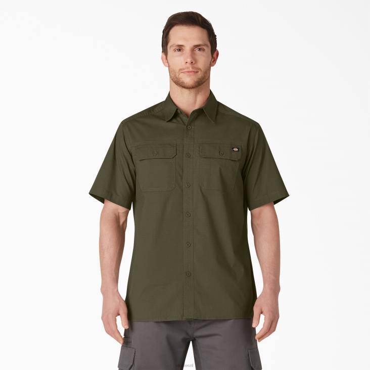 Heren Dickies ripstop werkoverhemd met korte mouwen gespoeld militair groen (rml) werk kleding 6F0X646