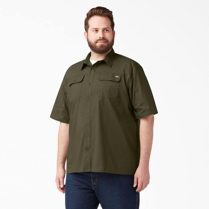 Heren Dickies ripstop werkoverhemd met korte mouwen gespoeld militair groen (rml) werk kleding 6F0X646