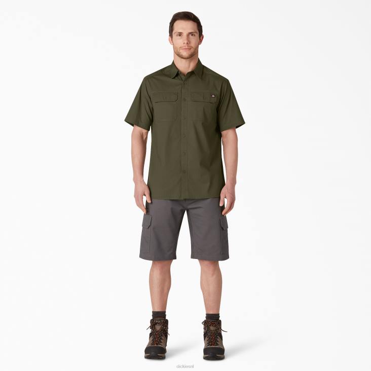Heren Dickies ripstop werkoverhemd met korte mouwen gespoeld militair groen (rml) werk kleding 6F0X646