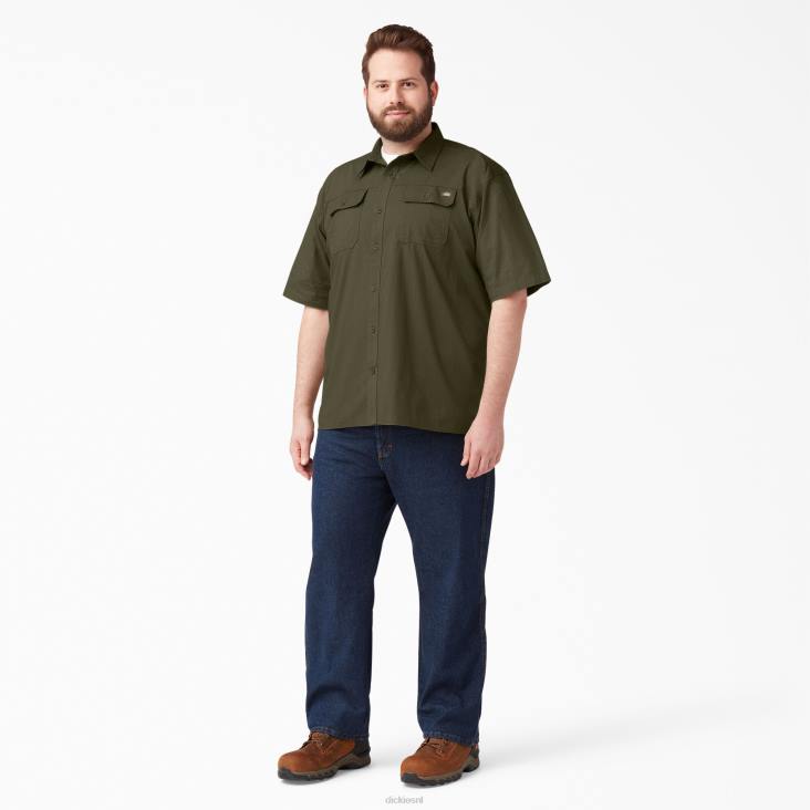 Heren Dickies ripstop werkoverhemd met korte mouwen gespoeld militair groen (rml) werk kleding 6F0X646