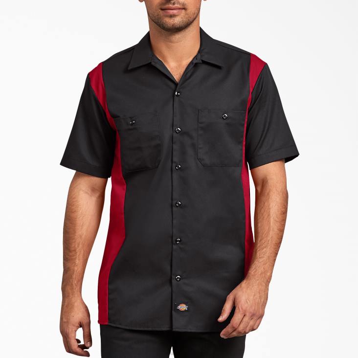 Heren Dickies tweekleurig werkoverhemd met korte mouwen zwart rode toon (bker) werk kleding 6F0X658