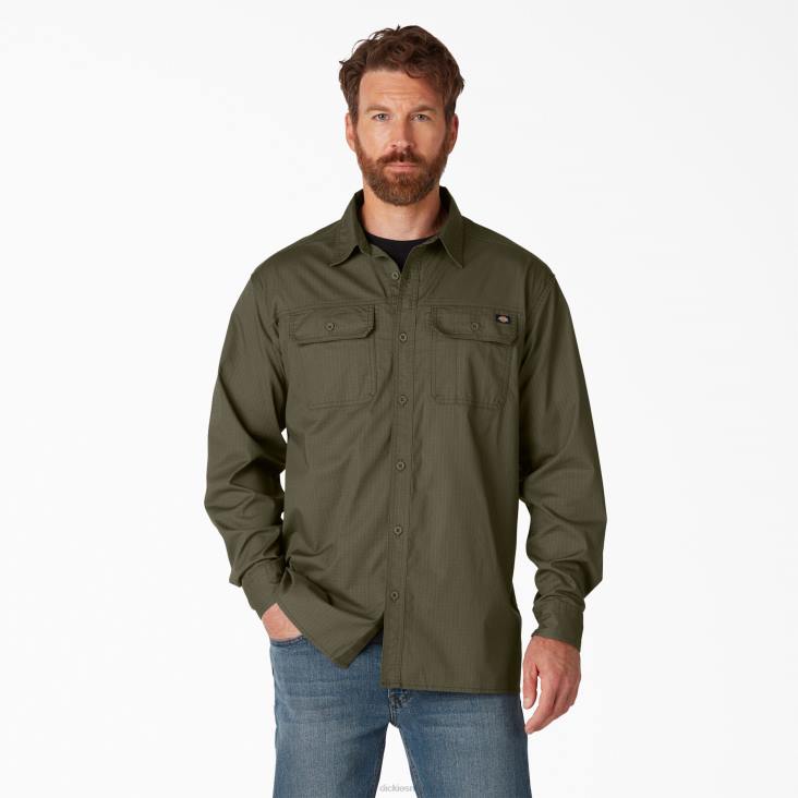 Heren Dickies flex ripstop shirt met lange mouwen gespoeld militair groen (rml) werk kleding 6F0X684