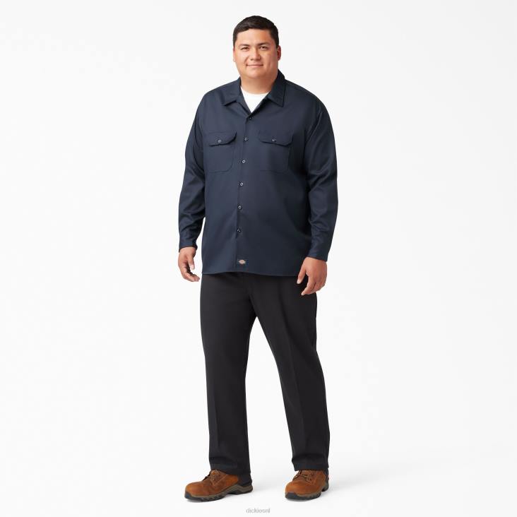 Heren Dickies relaxed fit werkoverhemd met lange mouwen donker marineblauw (dn) werk kleding 6F0X642