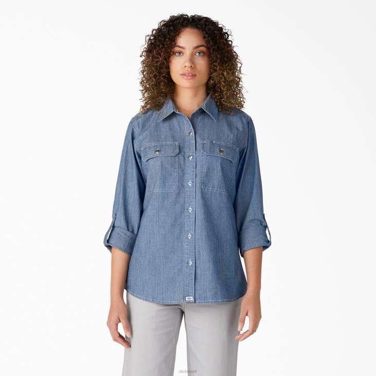 vrouwen Dickies Chambray werkoverhemd met rollip en lange mouwen stonewashed lichtblauw (lsw) werk kleding 6F0X2045