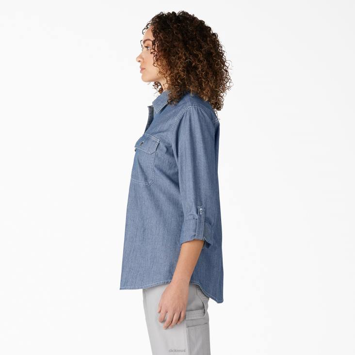 vrouwen Dickies Chambray werkoverhemd met rollip en lange mouwen stonewashed lichtblauw (lsw) werk kleding 6F0X2045