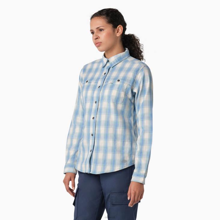 vrouwen Dickies verkoelend werkoverhemd met rollipje helderblauwe heuvelplaid (b1f) werk kleding 6F0X1673