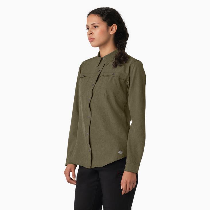 vrouwen Dickies verkoelend werkoverhemd met rollipje militair groene heide (mld) werk kleding 6F0X1677