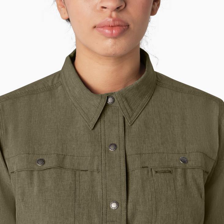 vrouwen Dickies verkoelend werkoverhemd met rollipje militair groene heide (mld) werk kleding 6F0X1677