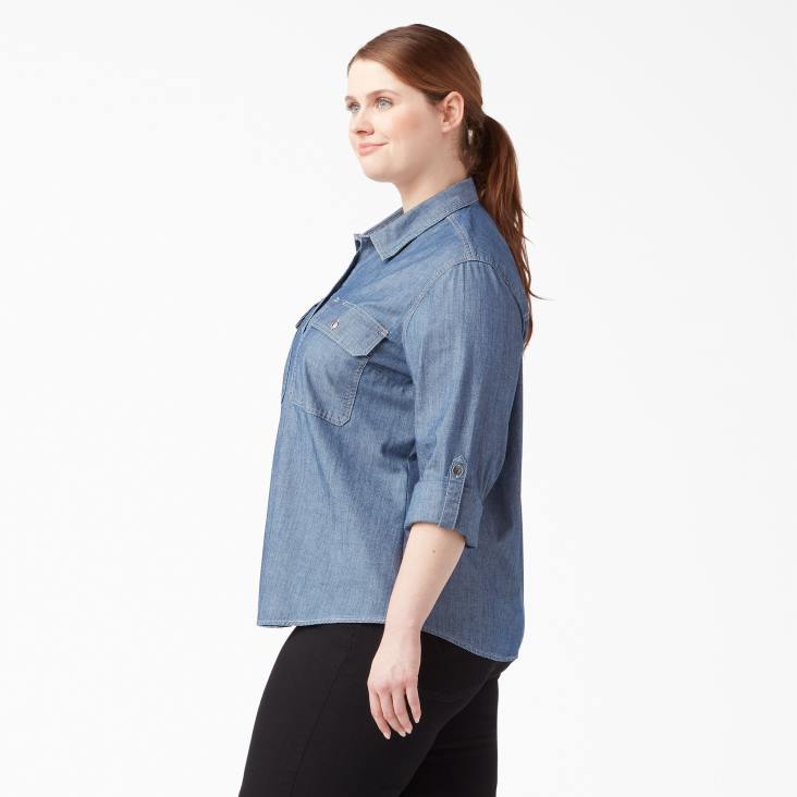 vrouwen Dickies plus chambray werkoverhemd met rollip en lange mouwen stonewashed lichtblauw (lsw) werk kleding 6F0X2125